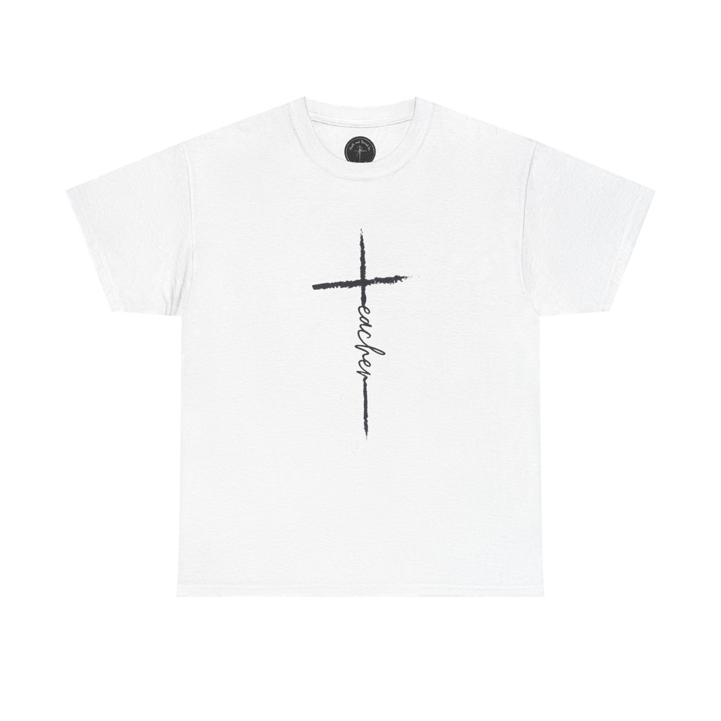 Faith Cross T-Shirt — Vertical 'Teacher' Script Christian Tee