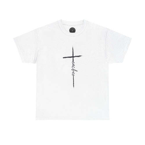 Faith Cross T-Shirt — Vertical 'Teacher' Script Christian Tee