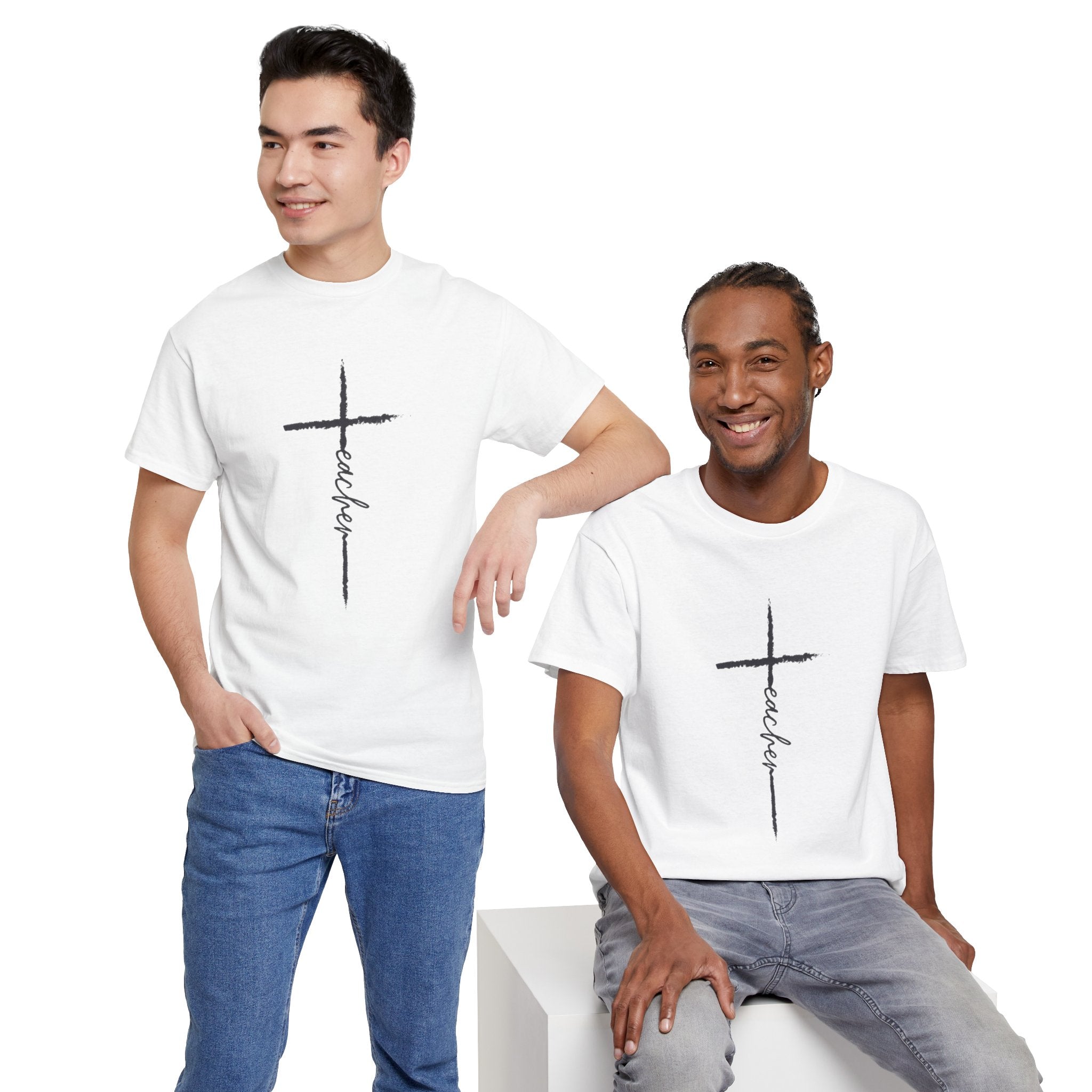 Faith Cross T-Shirt — Vertical 'Teacher' Script Christian Tee